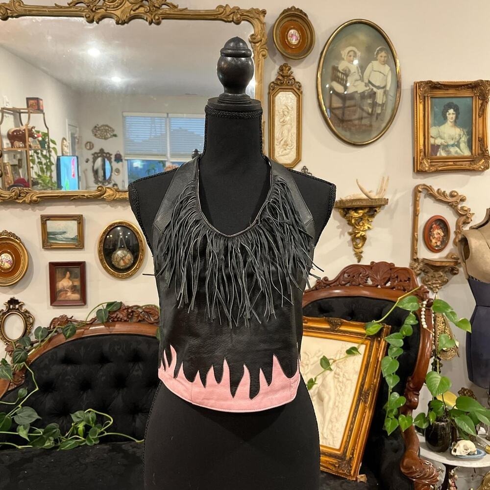 Vintage Y2K Flame Leather Fringe Halter Top biker (S)